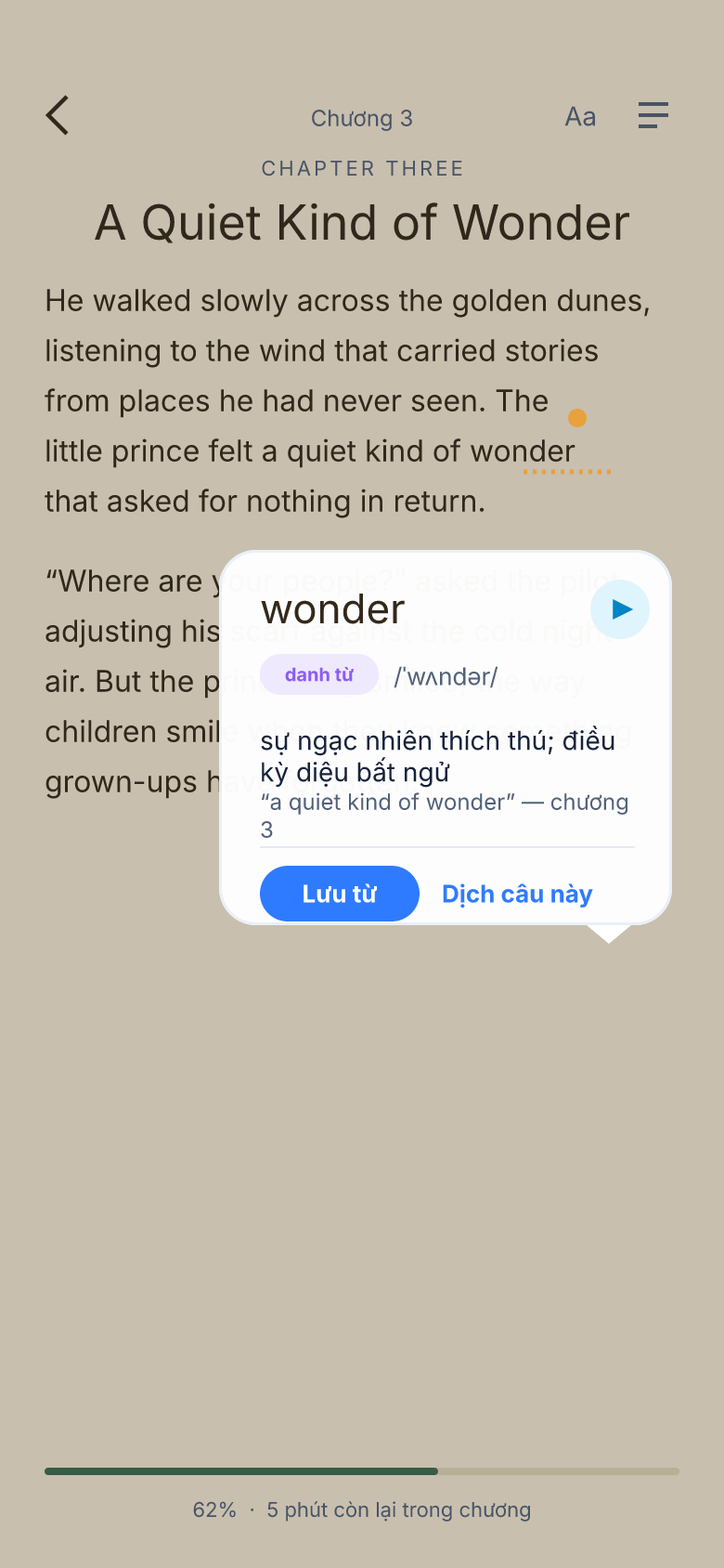 A tapped word opened as a small card: pronunciation, meaning, a save button.